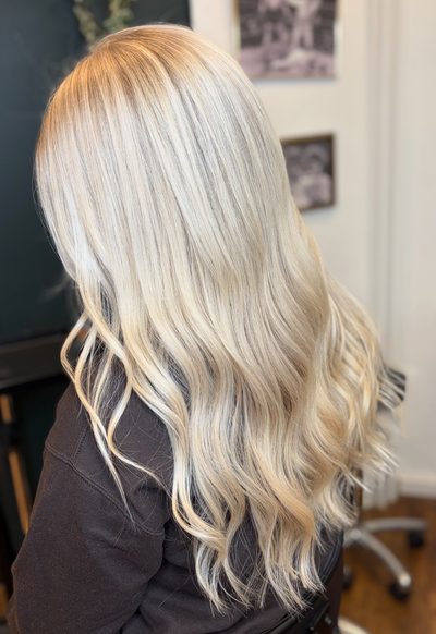 Lyst blondt hår med glansfulde bølger og styling, set fra siden